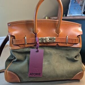 Atorie Olive Canvas and Tan Leather Shoulder Bag